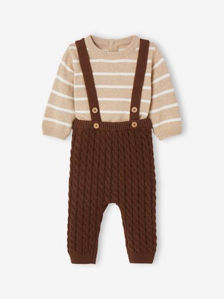 Conjunto bebé de jersey a rayas y pantalón con tirantes de punto tricot trenzado chocolate 