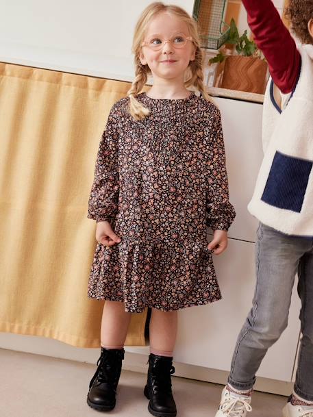 Vestido con volante y estampado de flores para niña rosa estampado 