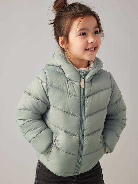 Chaqueta acolchada ligera con capucha para niña azul claro+azul marino+liquen+mostaza 