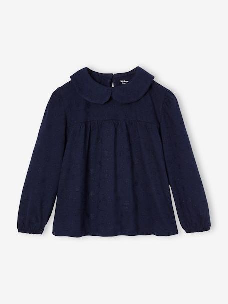 Blusa con bordado inglés para niña azul marino+crudo 