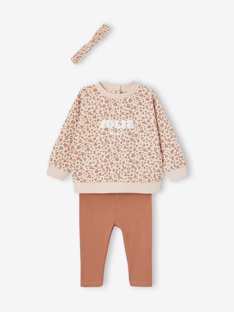 Conjunto sudadera + leggings + cinta para el pelo personalizable para bebé niña beige maquillaje+rosa palo 