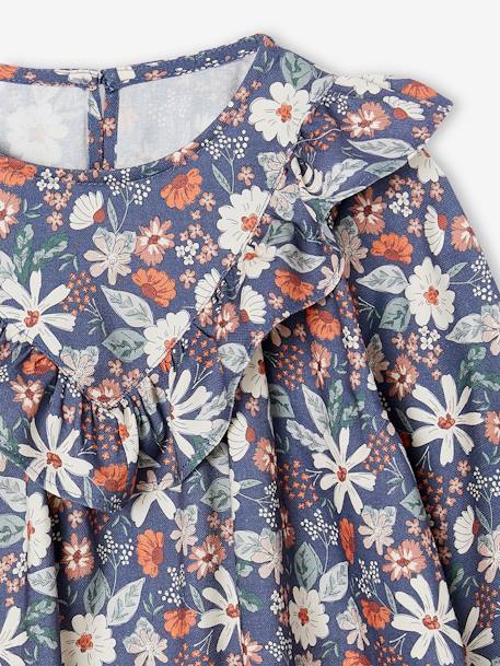 Vestido estampado de flores con volante para niña azul índigo+crudo 