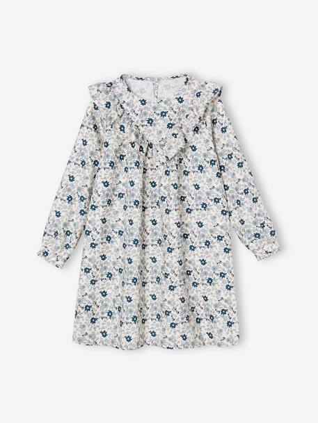 Vestido estampado de flores con volante para niña azul índigo+crudo 