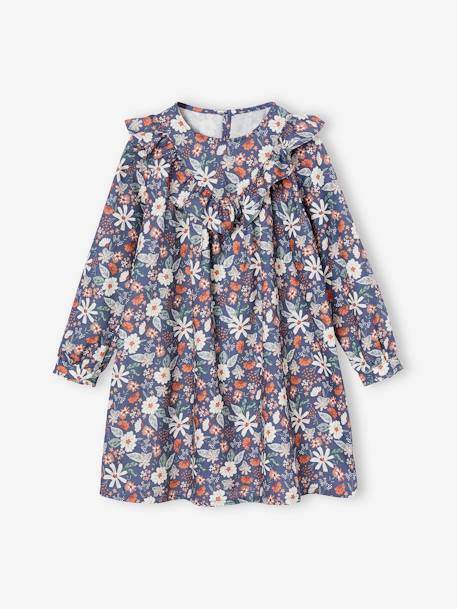 Vestido estampado de flores con volante para niña azul índigo+crudo 