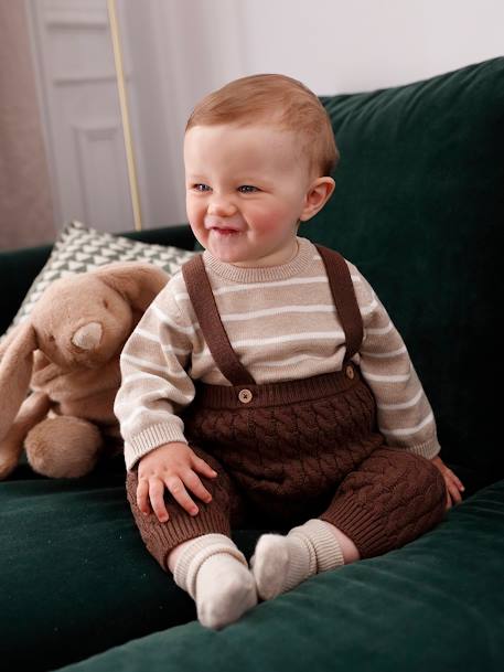 Conjunto bebé de jersey a rayas y pantalón con tirantes de punto tricot trenzado chocolate 