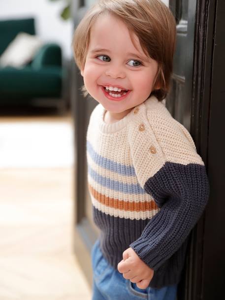 Bebé-Sudaderas, jerséis y chaquetas de punto-Jerséis-Jersey a rayas de colores con hombro abotonado para bebé niño