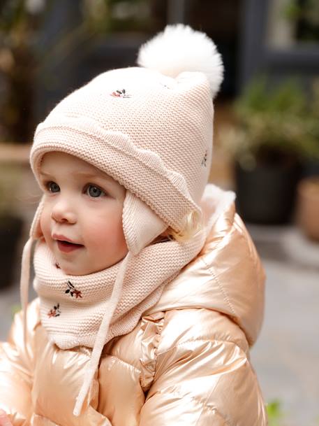 Conjunto para bebé niña de gorro + snood + manoplas beige maquillaje 