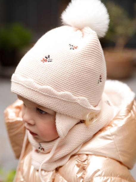 Conjunto para bebé niña de gorro + snood + manoplas beige maquillaje 