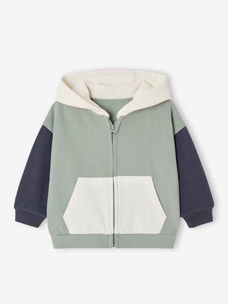 Sudadera con capucha y cremallera colorblock de felpa para bebé verde sauce 