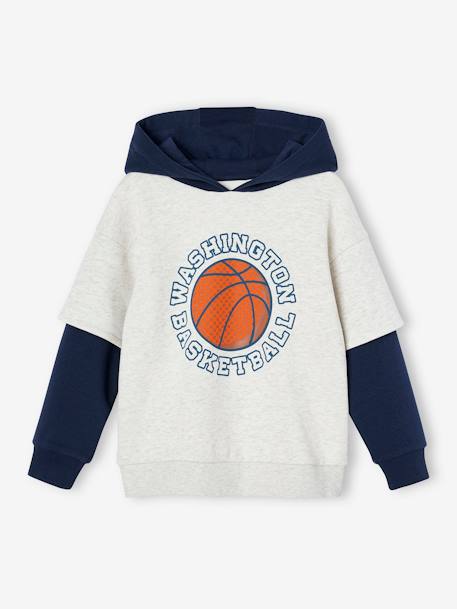 Sudadera deportiva manga doble niño motivo balón en relieve blanco jaspeado 