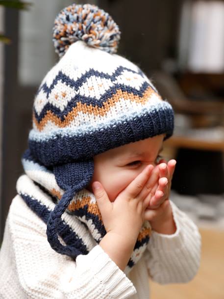 Conjunto para bebé niño gorro con orejeras + snood + manoplas de jacquard azul marino 