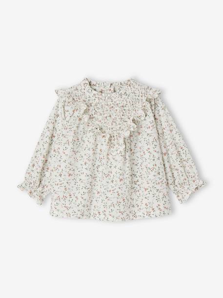 Blusa de flores con smocks y volantes para bebé crudo 