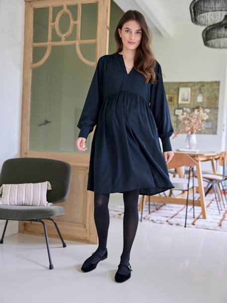 Vestido corto embarazo y lactancia, colección cápsula madre/hija azul estampado+negro 