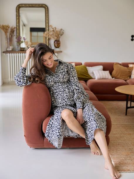 Vestido largo abotonado con motivos de flores embarazo y lactancia negro 