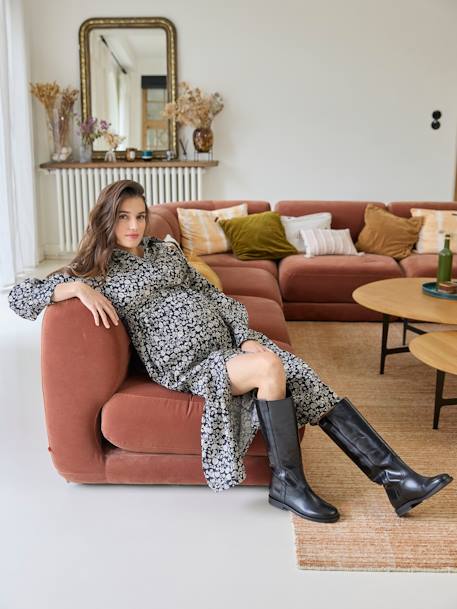 Vestido largo abotonado con motivos de flores embarazo y lactancia negro 