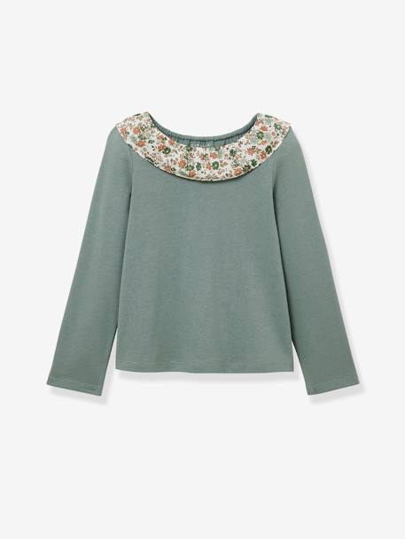 Camiseta niña con cuello de tejido Liberty® CYRILLUS - algodón orgánico crudo+verde 