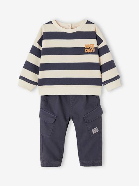 Conjunto sudadera a rayas + pantalón cargo para bebé niño azul pizarra 