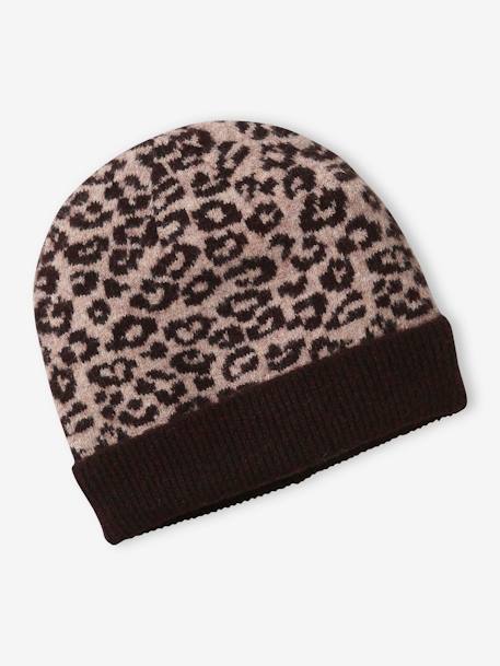 Conjunto gorro + snood + guantes leopardo para niña marrón estampado 