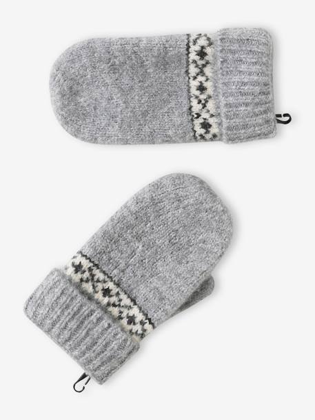 Conjunto de gorro + snood + guantes o manoplas jacquard gris jaspeado 