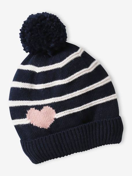 Conjunto para niña: gorro + snood + manoplas/mitones a rayas/corazones azul marino+crudo 