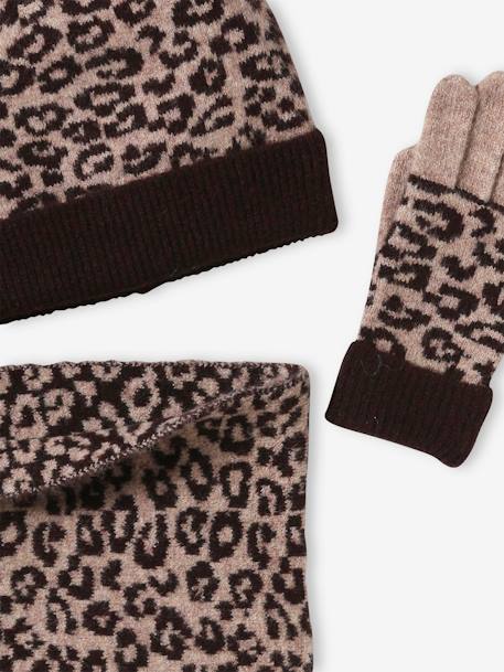 Conjunto gorro + snood + guantes leopardo para niña marrón estampado 