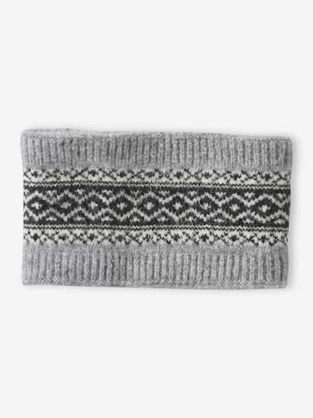 Conjunto de gorro + snood + guantes o manoplas jacquard gris jaspeado 