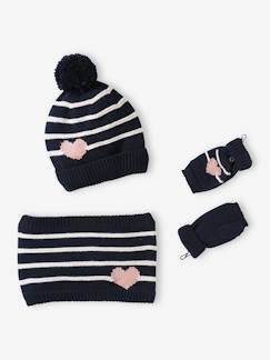 Niña-Conjunto para niña: gorro + snood + manoplas/mitones a rayas/corazones