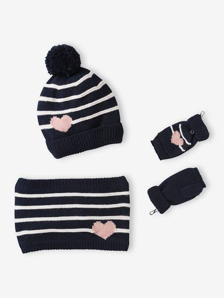 Conjunto para niña: gorro + snood + manoplas/mitones a rayas/corazones azul marino+crudo 