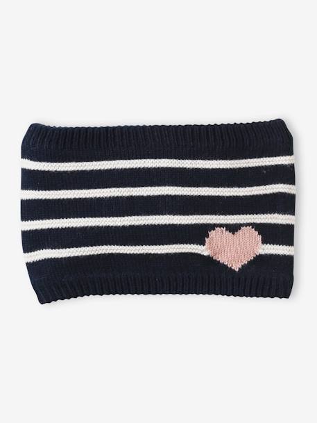 Conjunto para niña: gorro + snood + manoplas/mitones a rayas/corazones azul marino+crudo 