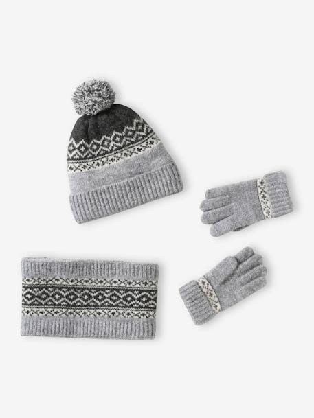 Conjunto de gorro + snood + guantes o manoplas jacquard gris jaspeado 