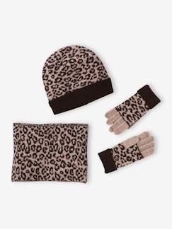 Niña-Accesorios-Conjunto gorro + snood + guantes leopardo para niña