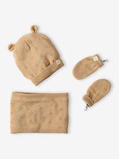 -Conjunto bebé niña gorro con orejitas + snood + manoplas de punto calado