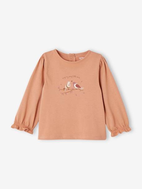 Camiseta blusa motivo pájaros para bebé de algodón orgánico beige arcilla 