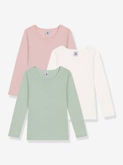 Niña-Camisetas-Camisetas-Pack de 3 camisetas infantiles de manga larga lisas de algodón PETIT BATEAU