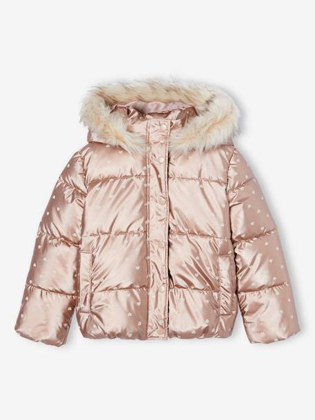 Chaqueta acolchada con capucha y forro de punto polar para niña dorado+gris oscuro+rosa estampado 