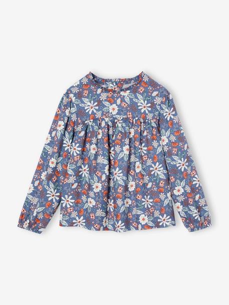 Blusa de flores para niña azul índigo+crudo+rosa maquillaje+verde sauce 