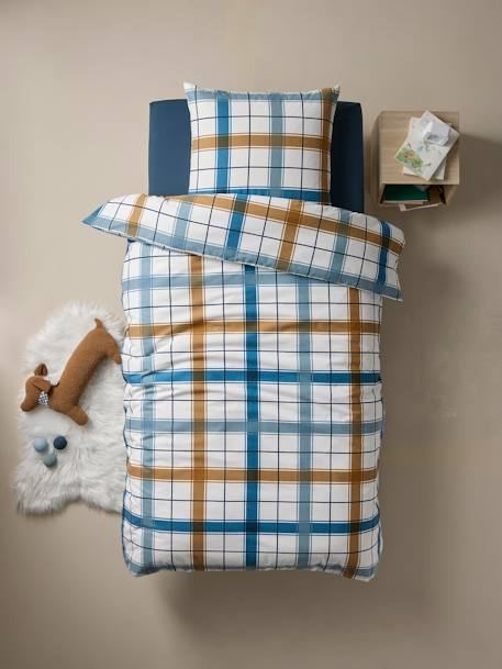 Conjunto funda nórdica + funda de almohada infantil de franela RETRO WINTER con algodón reciclado rayas azul marino 