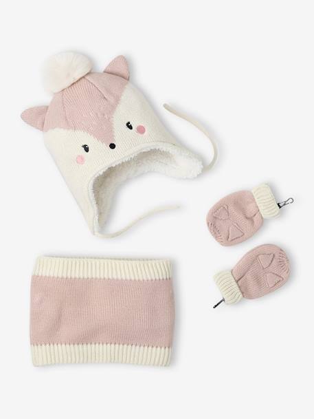 Conjunto gorro + snood + manoplas 'gatita' para bebé niña rosa rosa pálido 