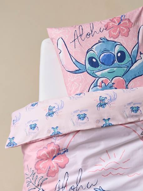 Conjunto infantil de funda nórdica + funda de almohada Stitch rosa estampado 