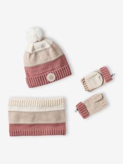 -Conjunto gorro + snood + manoplas/mitones colorblock para niña