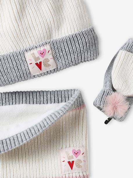 Conjunto gorro + snood + guantes/mitones 'Love' niña crudo 