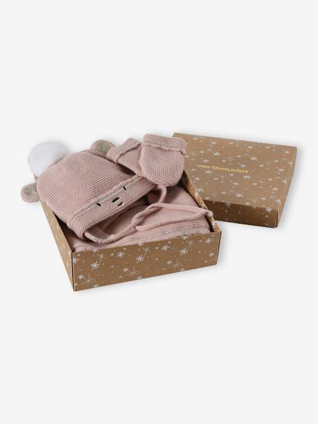 Caja de regalo Navidad bebé niña gorro + snood + manoplas rosa maquillaje 