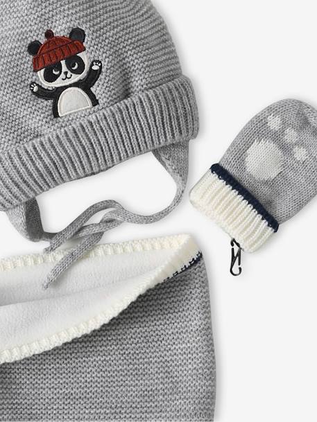 Conjunto gorro + snood + manoplas 'panda' bebé niño gris jaspeado 