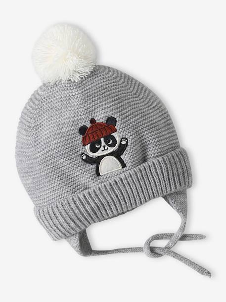 Conjunto gorro + snood + manoplas 'panda' bebé niño gris jaspeado 