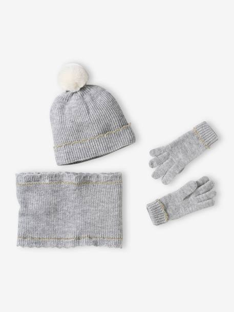 Conjunto gorro, snood y guantes/mitones para niña gris jaspeado 