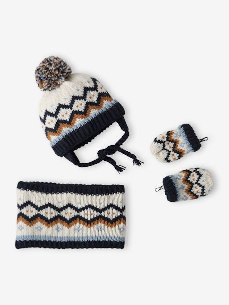 Conjunto para bebé niño gorro con orejeras + snood + manoplas de jacquard azul marino 