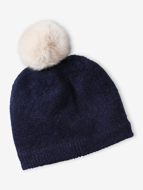 Conjunto gorro con pompón + bufanda de punto bobo para niña azul marino 