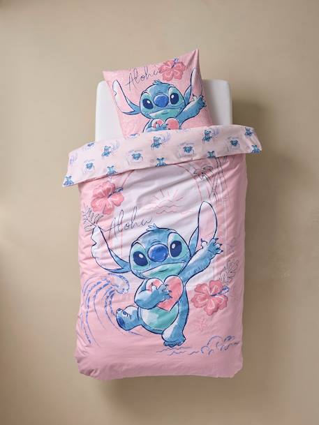 Conjunto infantil de funda nórdica + funda de almohada Stitch rosa estampado 