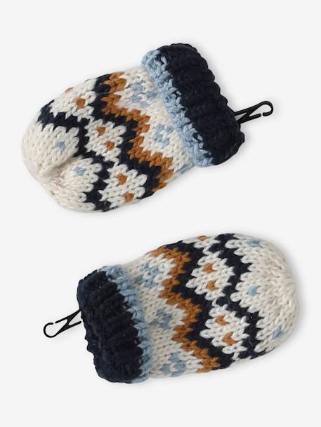 Conjunto para bebé niño gorro con orejeras + snood + manoplas de jacquard azul marino 