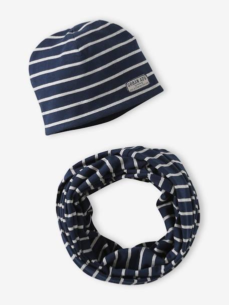 Conjunto a rayas para niño: gorro + snood azul marino 